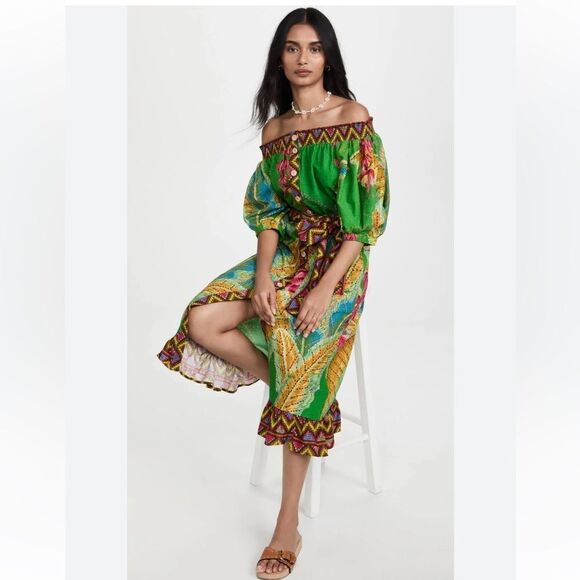 Farm Rio Leaf Off-The-Shoulder Midi Dress Large‎ NWT - Picture 5 of 7